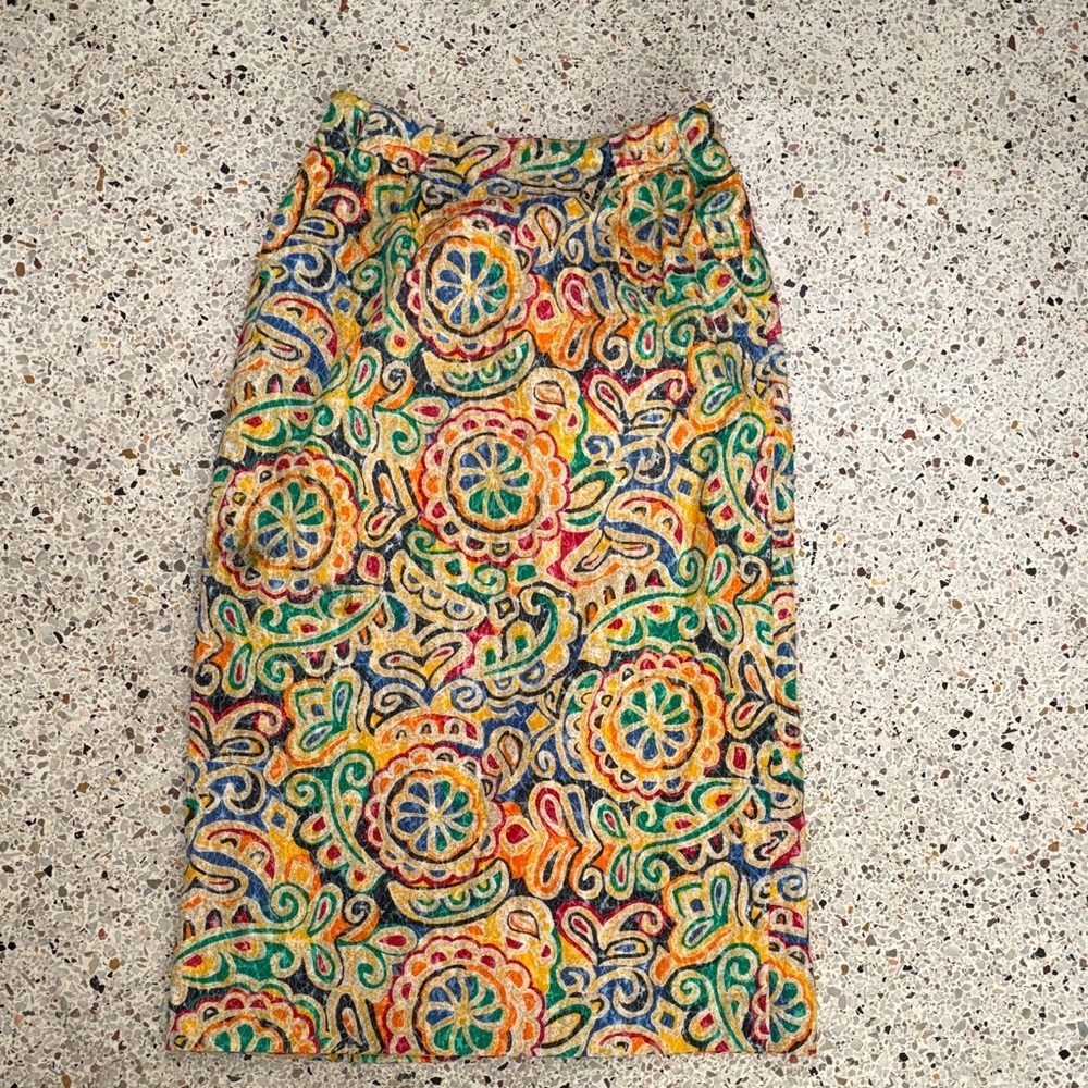 Vintage Steilmann yellow geo midi 100% cotton skirt back zip 10 4